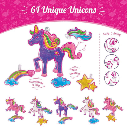 Unicorn window art kit with 64 unique colorful unicorn designs and easy joining pieces