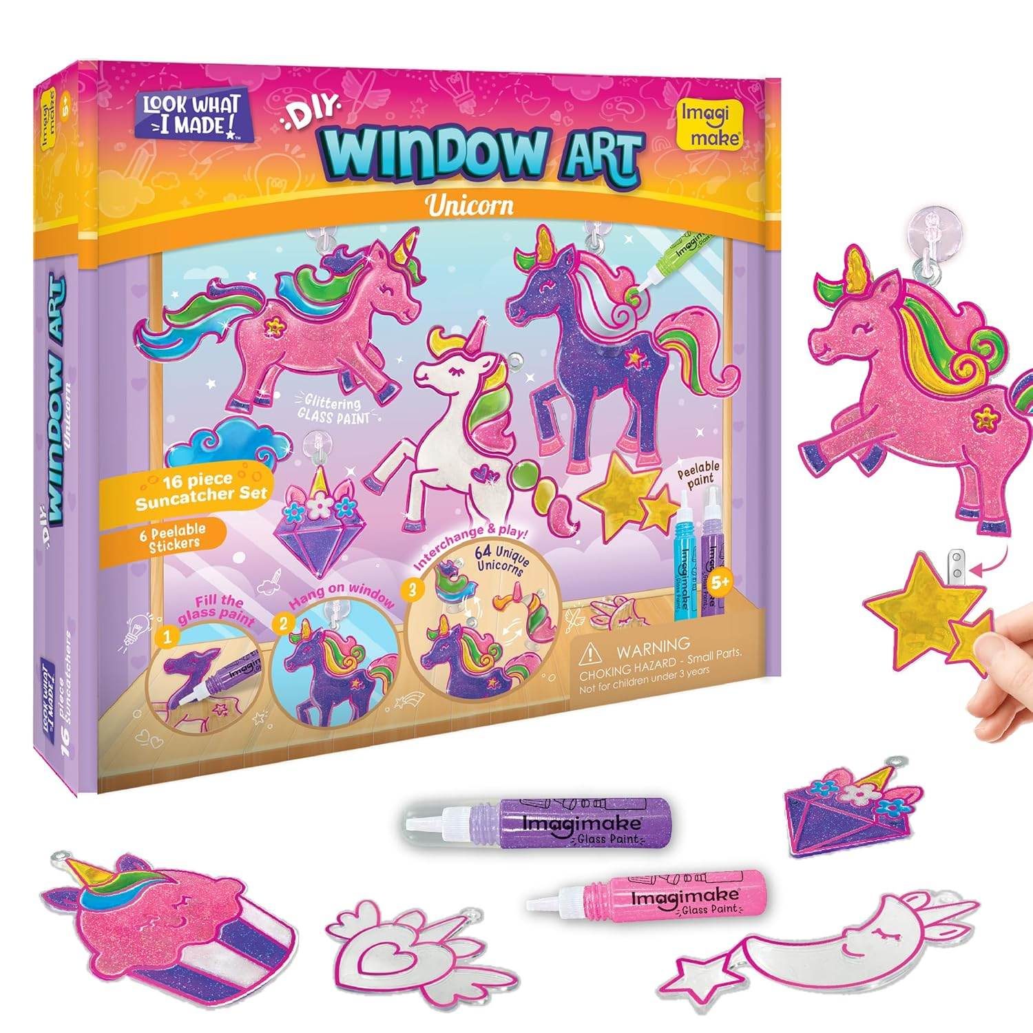 Unicorn window art kit with colorful unicorn suncatchers and glass paint for creative window decoration