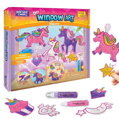 Unicorn window art kit with colorful unicorn suncatchers and glass paint for creative window decoration