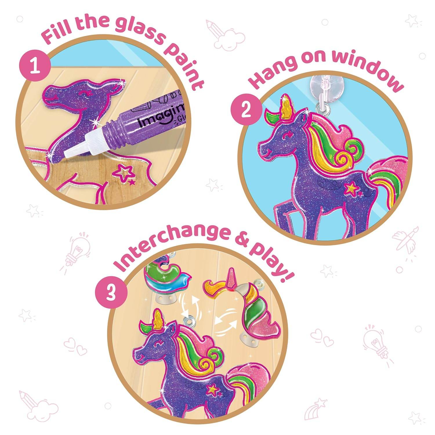 Unicorn window art kit showing paint filling, hanging on window, and interchangeable pieces for creative play