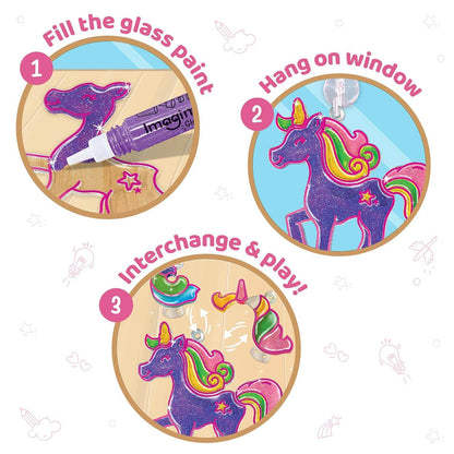 Unicorn window art kit showing paint filling, hanging on window, and interchangeable pieces for creative play