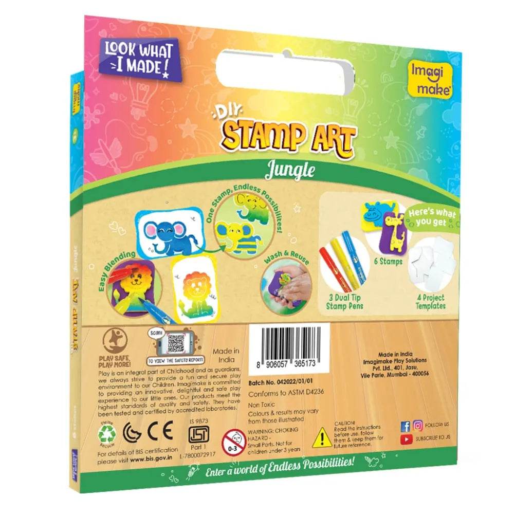 DIY stamp art jungle kit with colorful stamps and templates for ages 4 and up