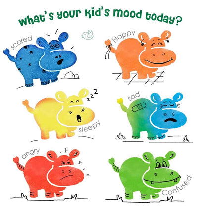 Colorful water coloring set featuring playful hippos showing various moods for creative kids