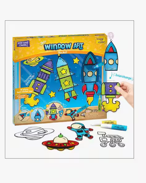 Window art painting kit for kids with colorful space rocket designs and markers by T-Rex the toyland Sitamarhi