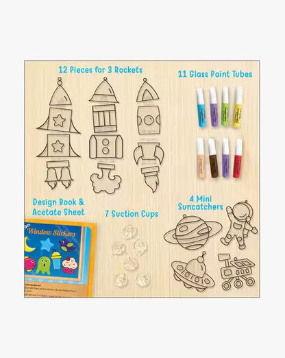 Window art painting kit for kids with 12 rocket pieces, 11 glass paint tubes, suction cups, and mini suncatchers