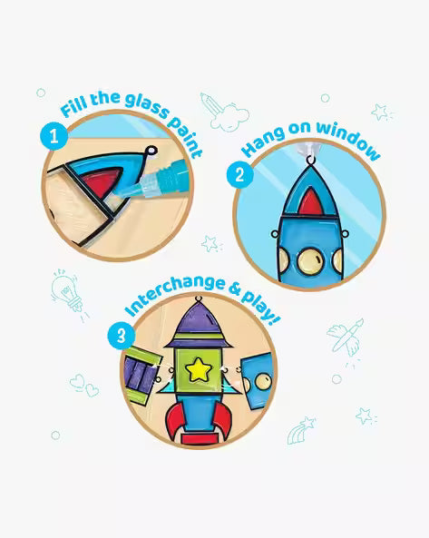 Step-by-step demonstration of using window art painting kit for kids to fill glass paint, hang on window, and interchange parts
