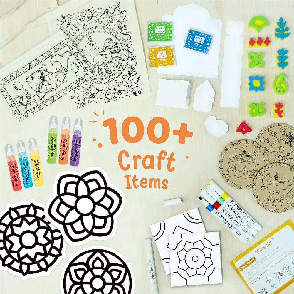 Imagimake Indian art forms kit with over 100 craft items including paints, markers, stencils, and traditional art designs