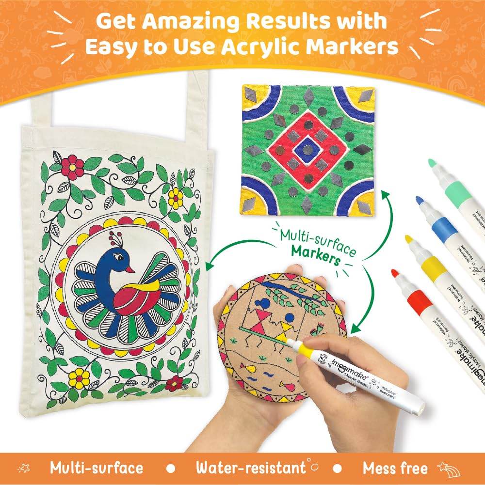 Imagimake Indian art forms kit with multi-surface acrylic markers for decorating bags and crafts