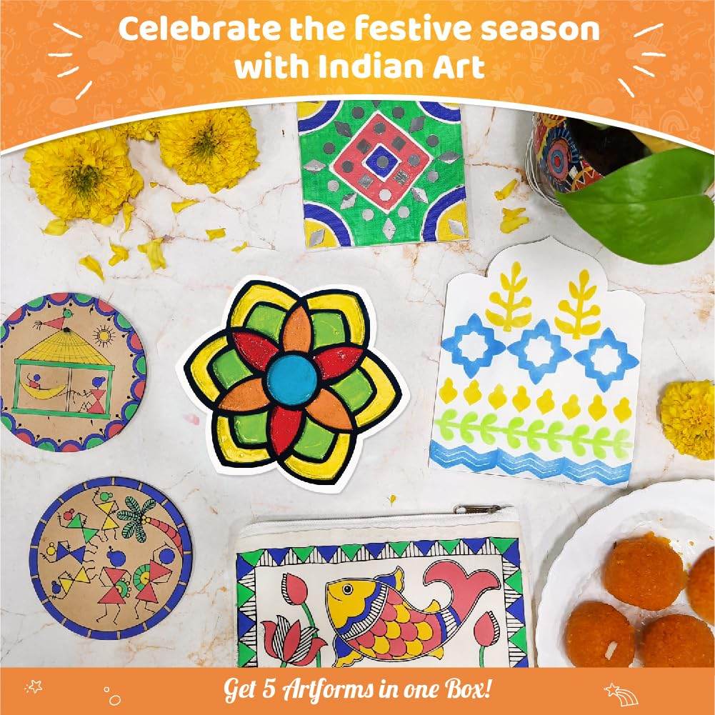 Imagimake Indian art forms kit featuring colorful traditional Indian art designs and festive decorations