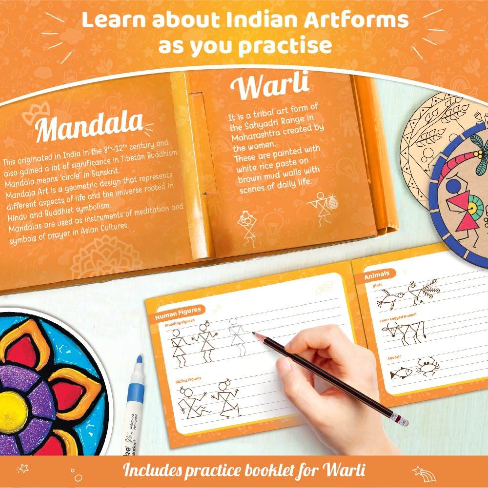 Imagimake Indian art forms kit with practice booklet teaching Mandala and Warli art and drawing activities