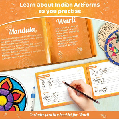 Imagimake Indian art forms kit with practice booklet teaching Mandala and Warli art and drawing activities