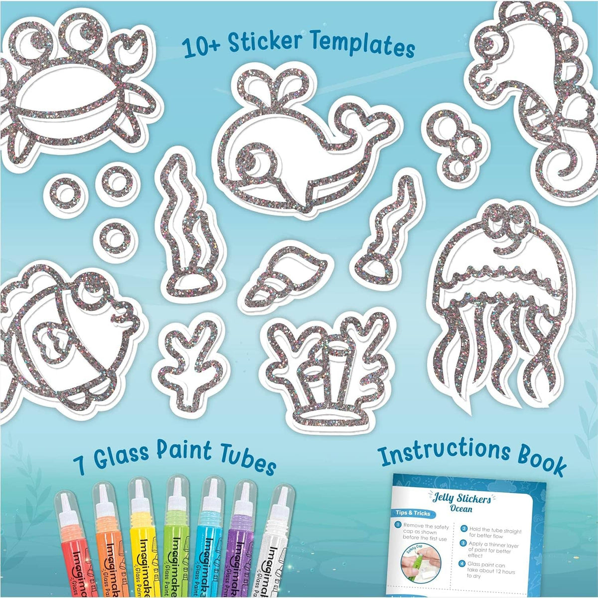 Kit craft set with 10+ sticker templates and 7 glass paint tubes for kids ages 6 and up