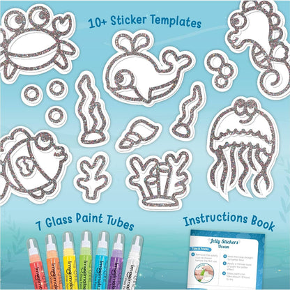 Kit craft set with 10+ sticker templates and 7 glass paint tubes for kids ages 6 and up