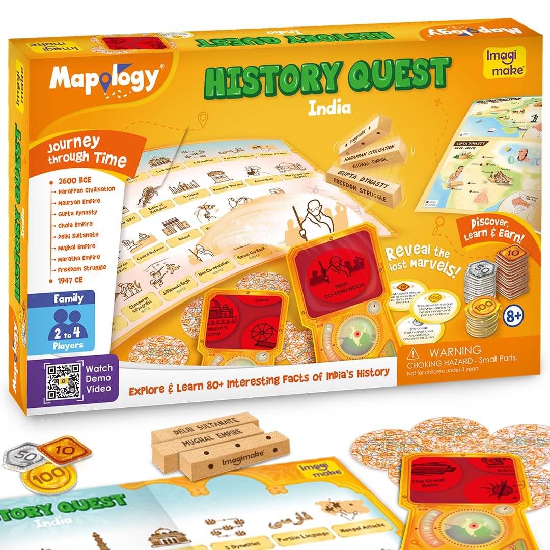 Imagimake Mapology History Quest educational board game exploring India's history with tokens and timeline