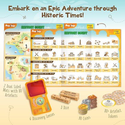 Imagimake Mapology History Quest educational game with dual-sided mats coins discovery lenses and artifact tokens