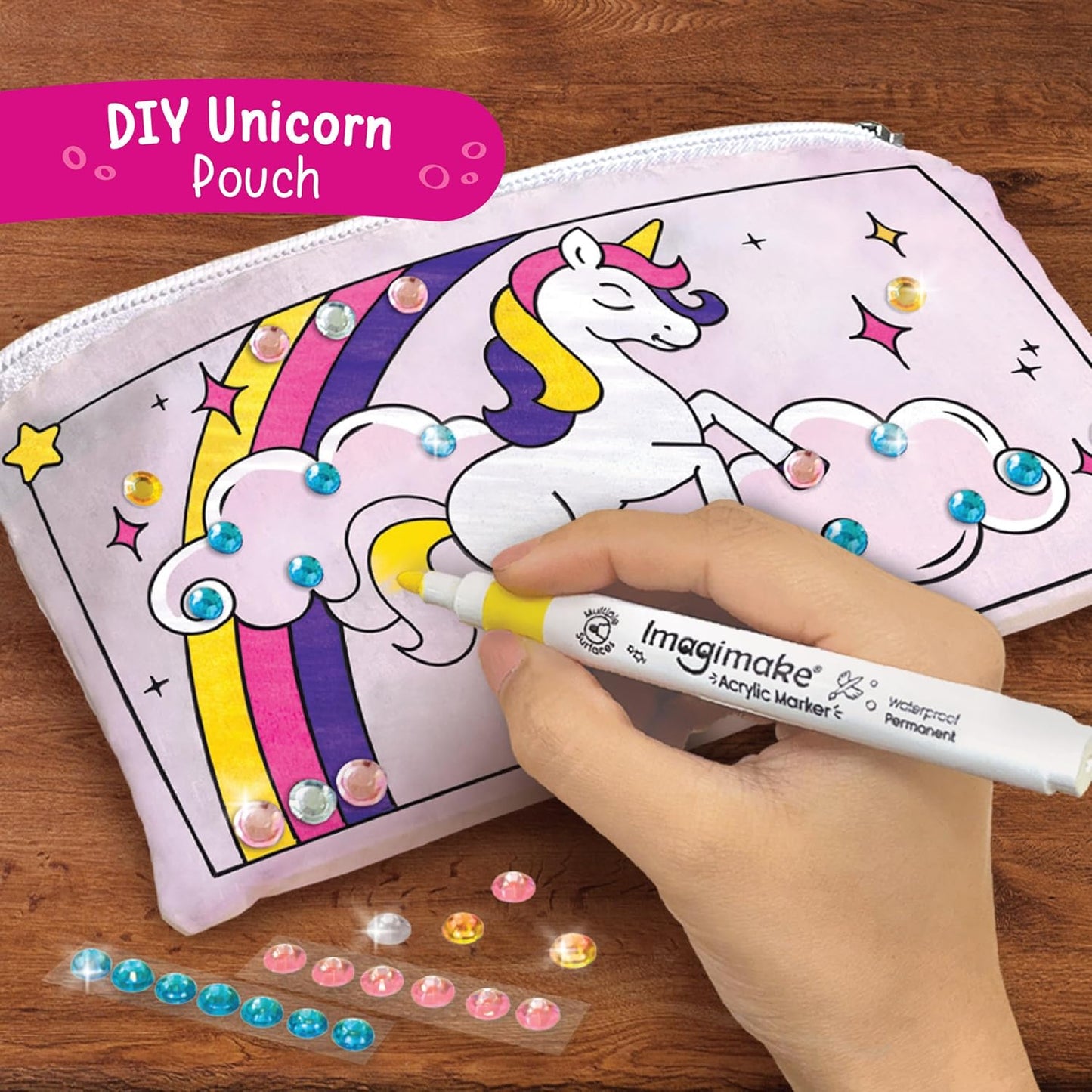 Imagimake DIY Unicorn Pouch for Kids with Colorful Beads and Coloring Pens