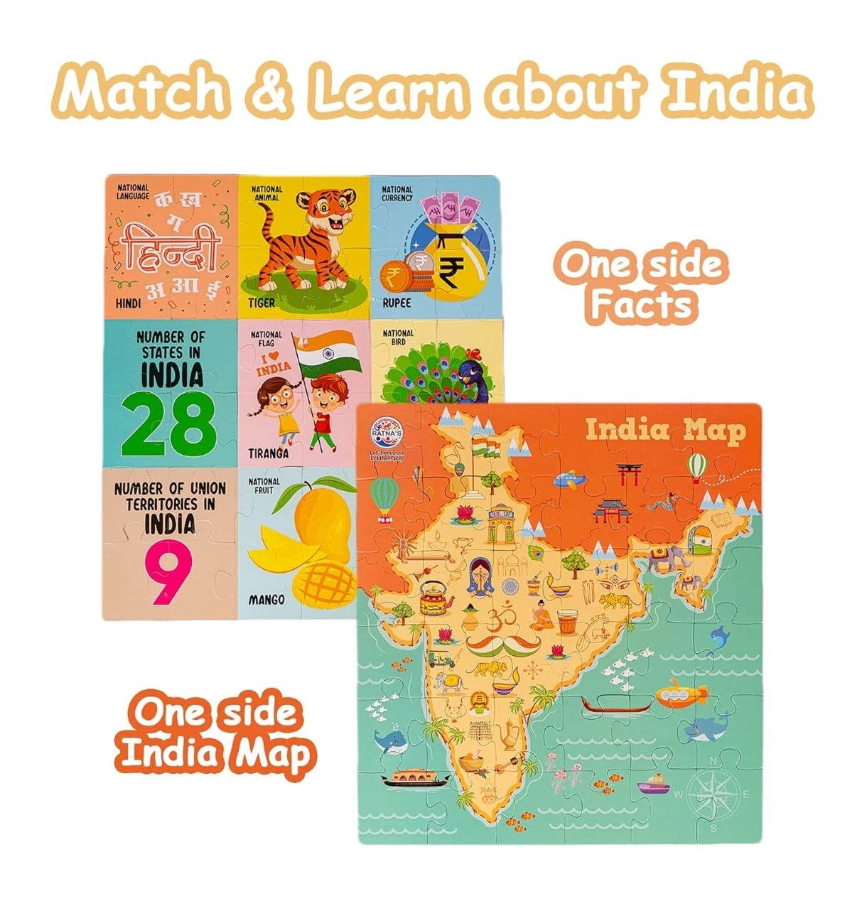 India map jigsaw puzzle for kids with colorful illustrated map and fun facts about India