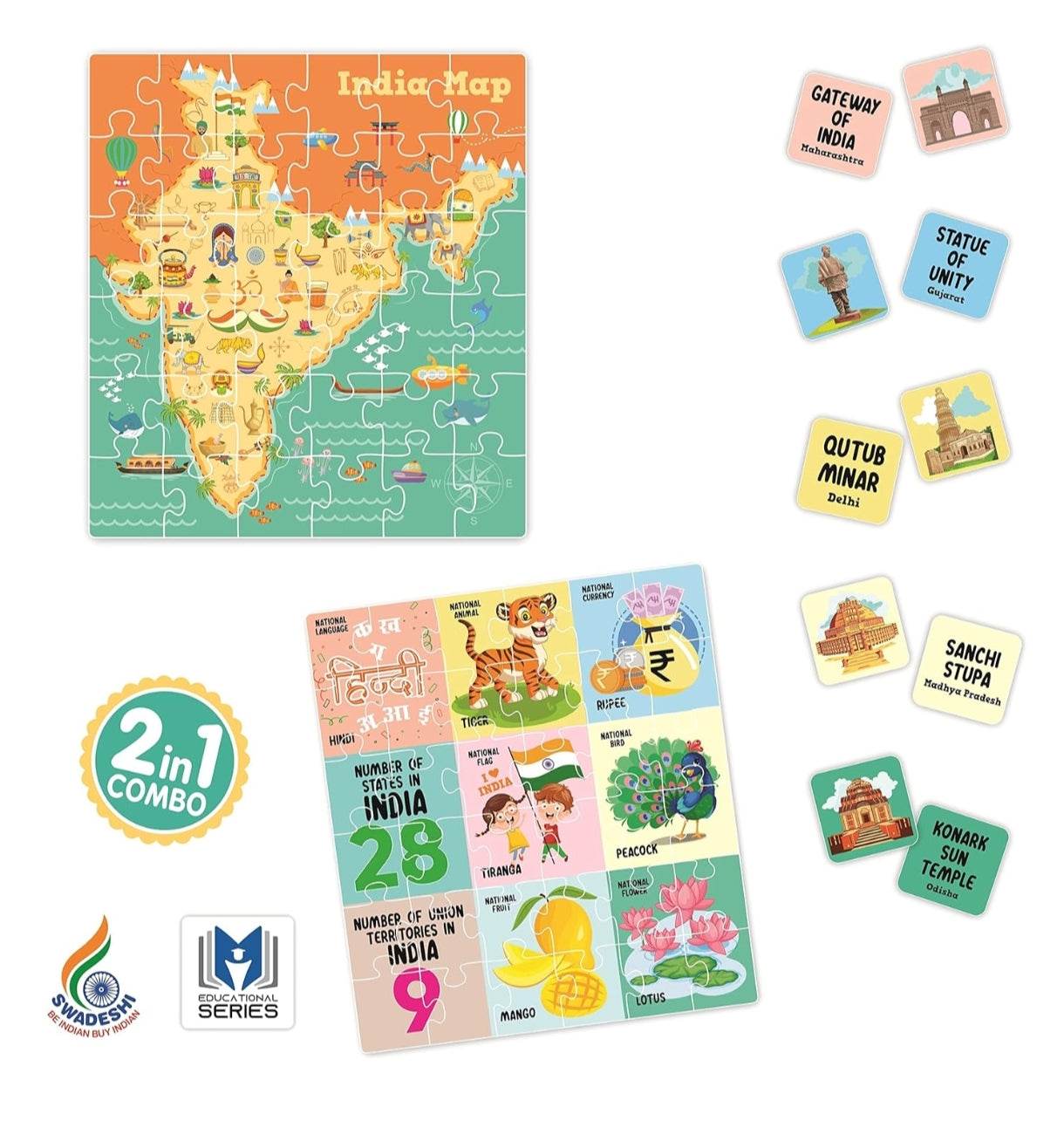 India map jigsaw puzzle for kids with colorful educational pieces showing landmarks and states