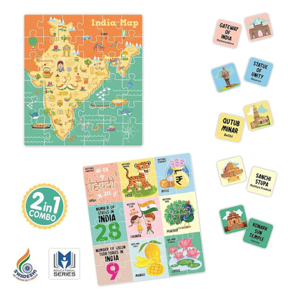 India map jigsaw puzzle for kids with colorful educational pieces showing landmarks and states