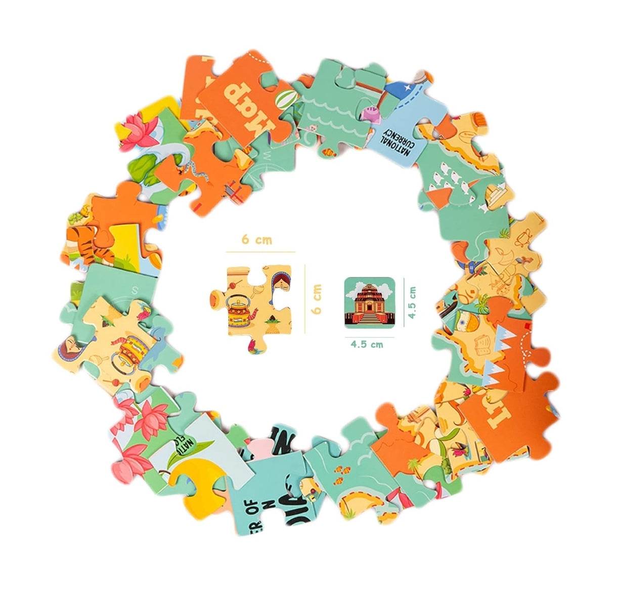 Colorful India map jigsaw puzzle for kids with illustrated pieces showing landmarks and animals