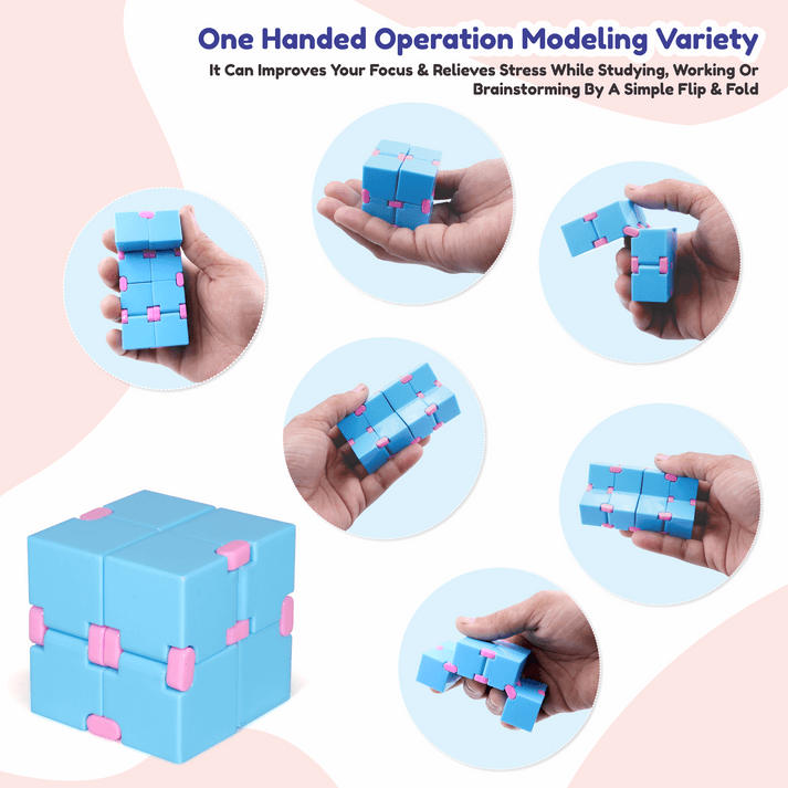 Blue and pink Infinity Cube fidget toy shown in various folded and unfolded positions held in hand