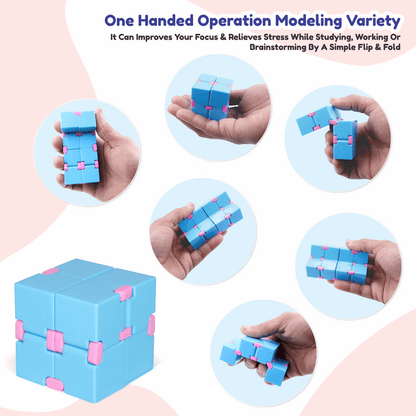 Blue and pink Infinity Cube fidget toy shown in various folded and unfolded positions held in hand