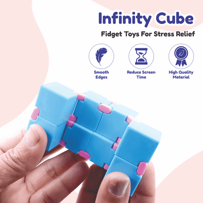 Blue and pink Infinity Cube fidget toy held in hands for stress relief and focus