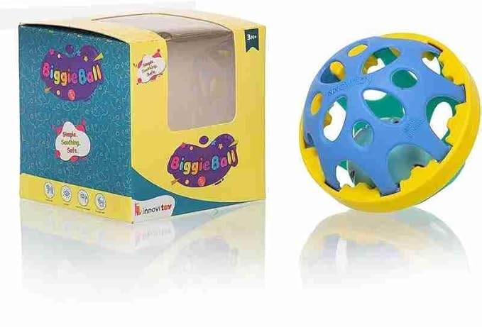 Yellow and blue sensory fidget toy ball for toddlers, promoting tactile exploration and play
