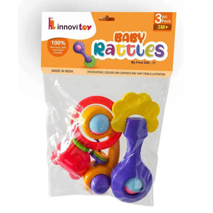 Baby rattle set for infants with colorful safe plastic rattles in a three-piece pack