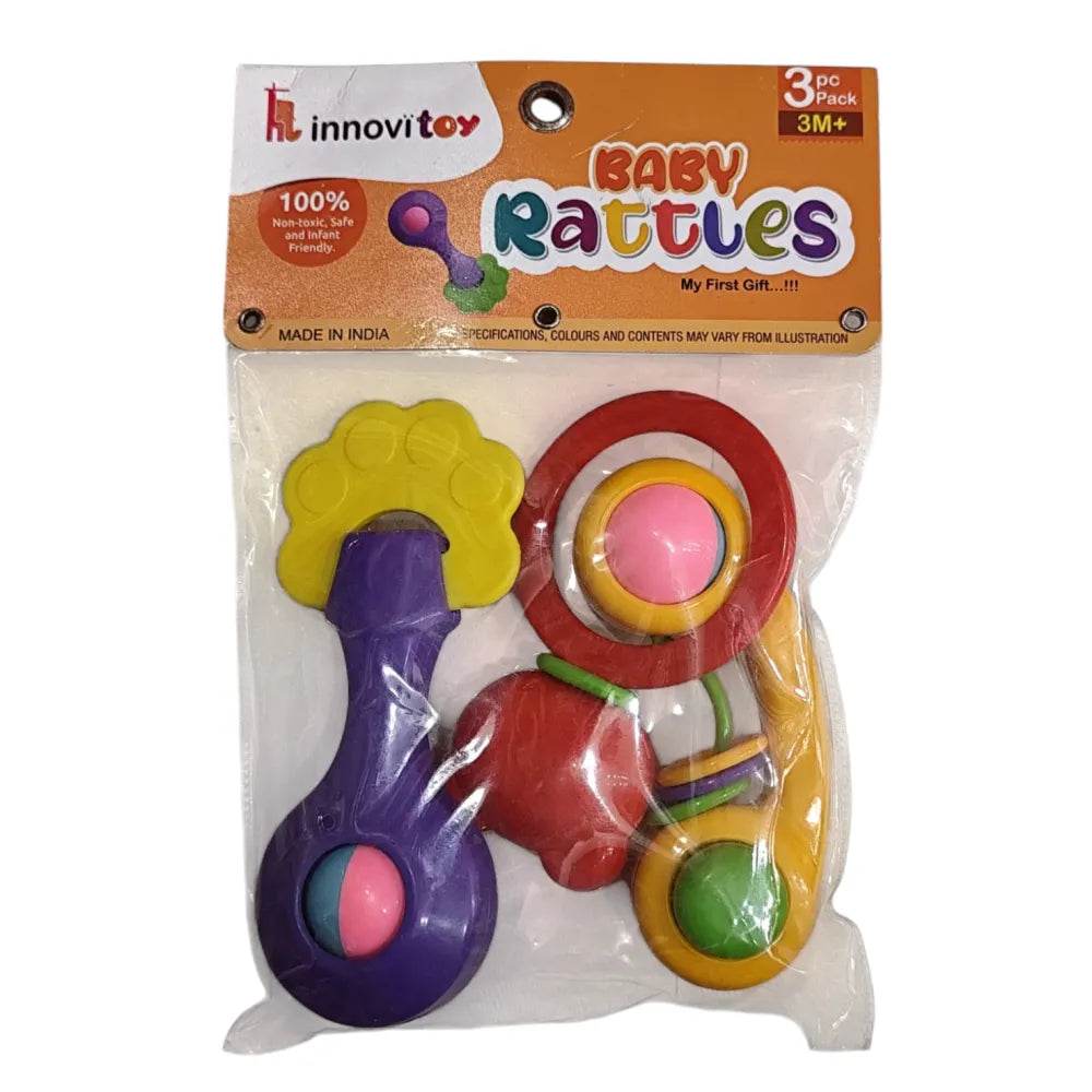 Colorful baby rattle set for infants with three pieces in red yellow purple green blue colors