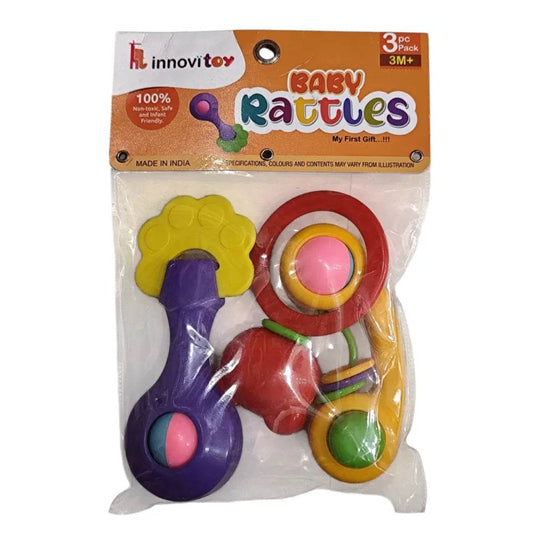 Colorful baby rattle set for infants with three pieces in red yellow purple green blue colors