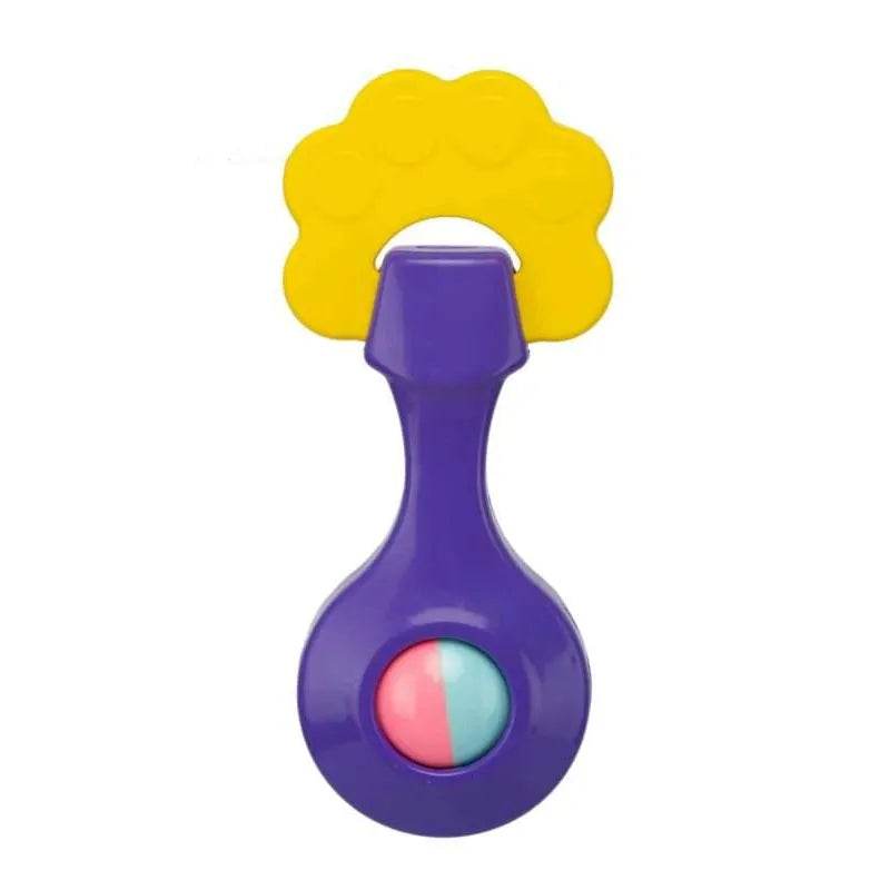 Colorful baby rattle with yellow, purple, pink, and blue parts from baby rattle set for infants