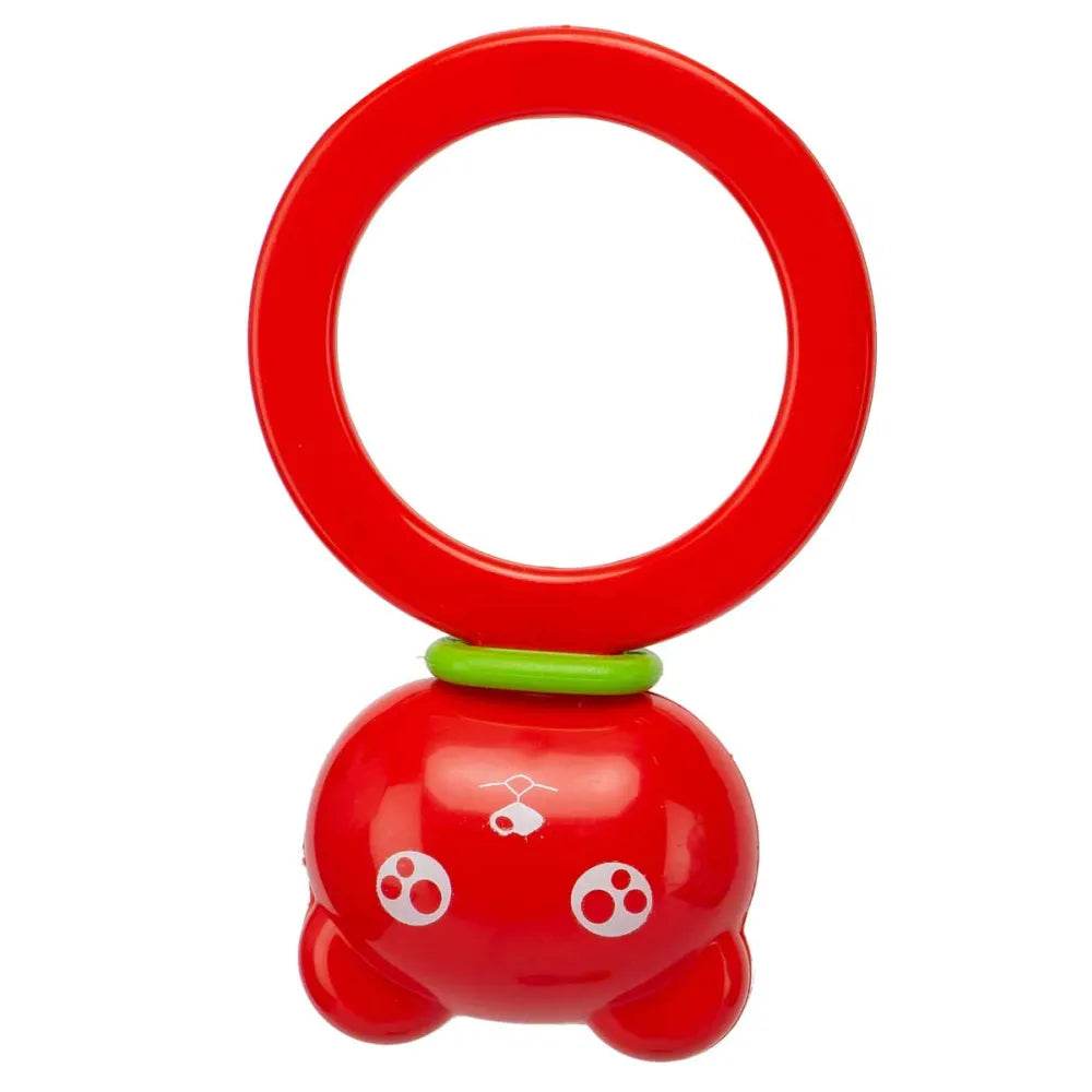 Bright red baby rattle set for infants with circular handle and playful design