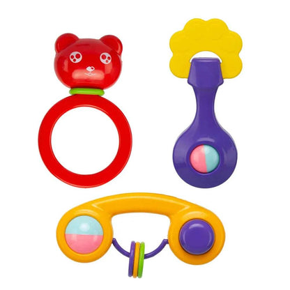 Colorful baby rattle set for infants with red bear, yellow and purple shapes from T-Rex the toyland Sitamarhi