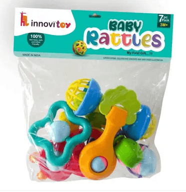 Colorful baby rattles set for infants aged 3 months and up featuring various shapes and sounds