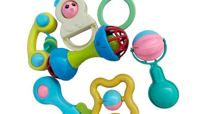 Colorful rattle set for babies with various shapes and textures, ideal baby toys for sensory play