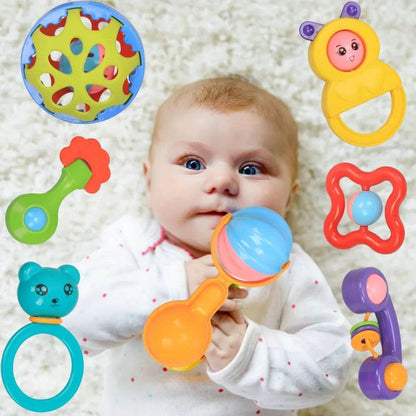 Infant rattle toy pack with colorful rattles surrounding a baby holding one rattle