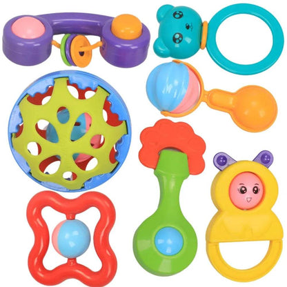 Colorful infant rattle toy pack with various shapes and designs for sensory play and baby development