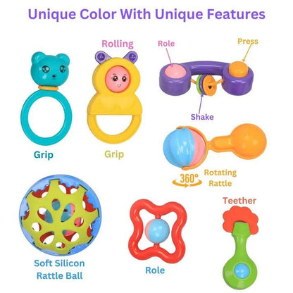 Infant rattle toy pack with colorful gripping rattles, rolling balls, rotating rattle, and teether toys