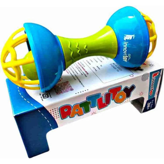 Safe non-toxic infant rattles in bright blue and yellow colors placed on colorful packaging box