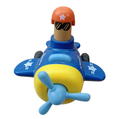 Blue and yellow toy airplane with propeller featuring pilot figure Top Gear Pull Back Toys For Kids