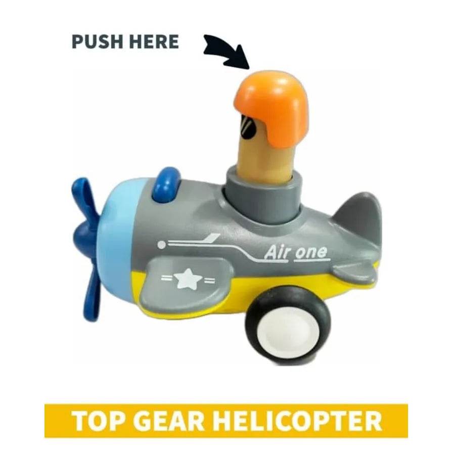 Top Gear Pull Back Toys For Kids featuring a gray and yellow helicopter with orange pilot and blue propeller