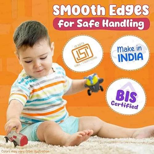 Toddler playing with Top Gear Pull Back Toys For Kids featuring smooth edges for safe handling