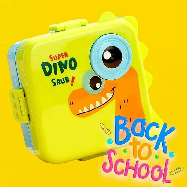 Bright yellow insulated bento boxes featuring a dinosaur design, perfect for kids' lunches