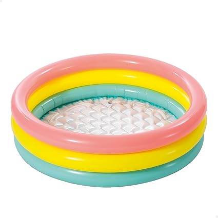 Colorful inflatable in pool for kids with three stacked rings for summer fun