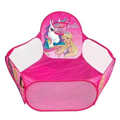 Pink Barbie basketball ball pool for kids with unicorn design and mesh sides for easy play