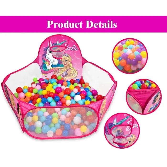 Colorful basketball ball pool for kids featuring a pink design with a unicorn and girl illustration