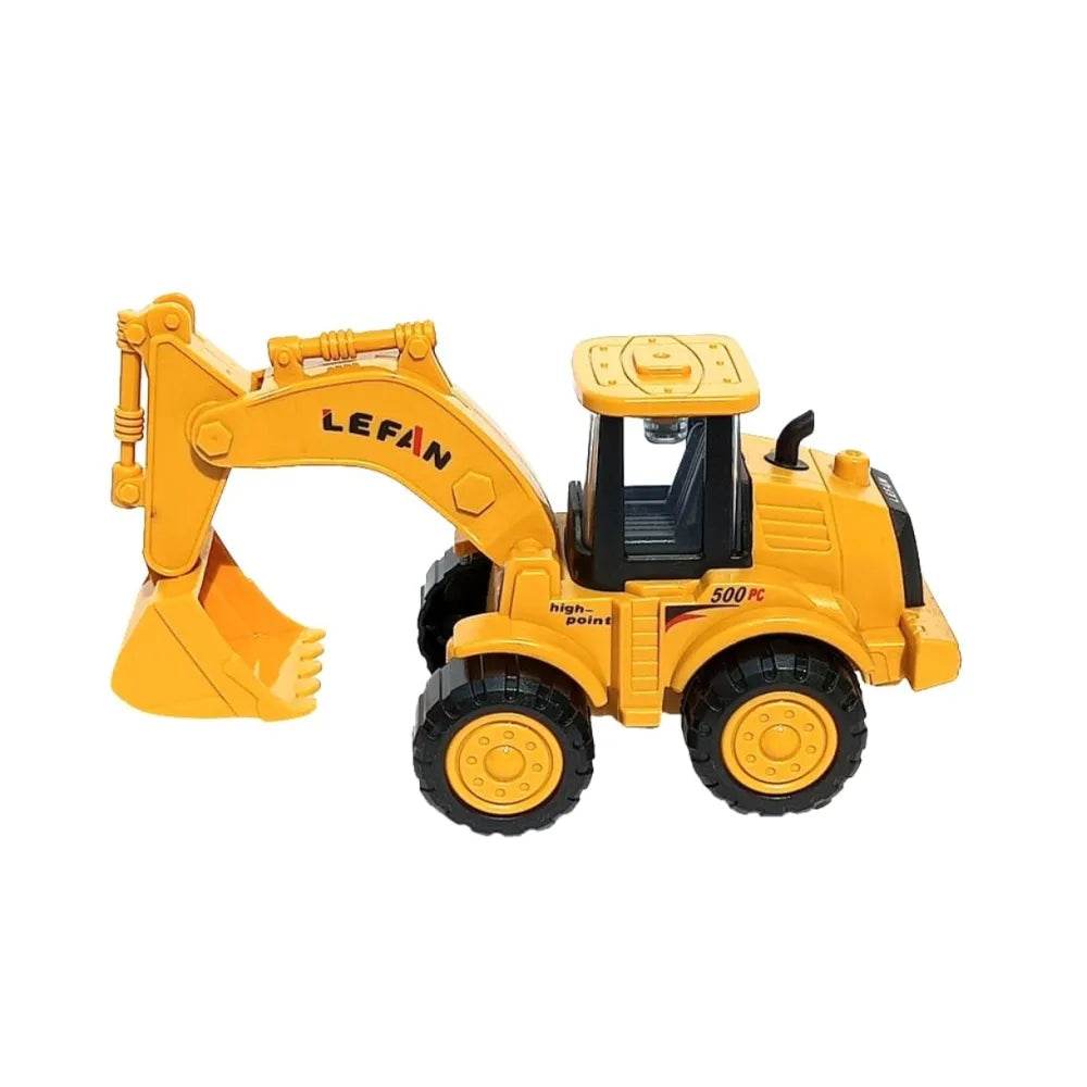Yellow JCB skid steer toy for kids, featuring movable bucket for construction play