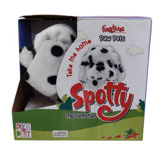 Fuzzbuzz Ms. Spotty plush dog toy in white with black spots for ages 3 and up, perfect jelly cat plush toy