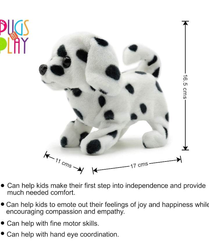White and black spotted plush dog toy for kids, perfect for imaginative play and soft cuddles